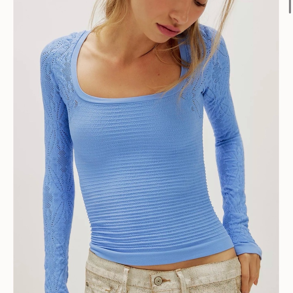 Free People Light Blue Textured Long Sleeve Top